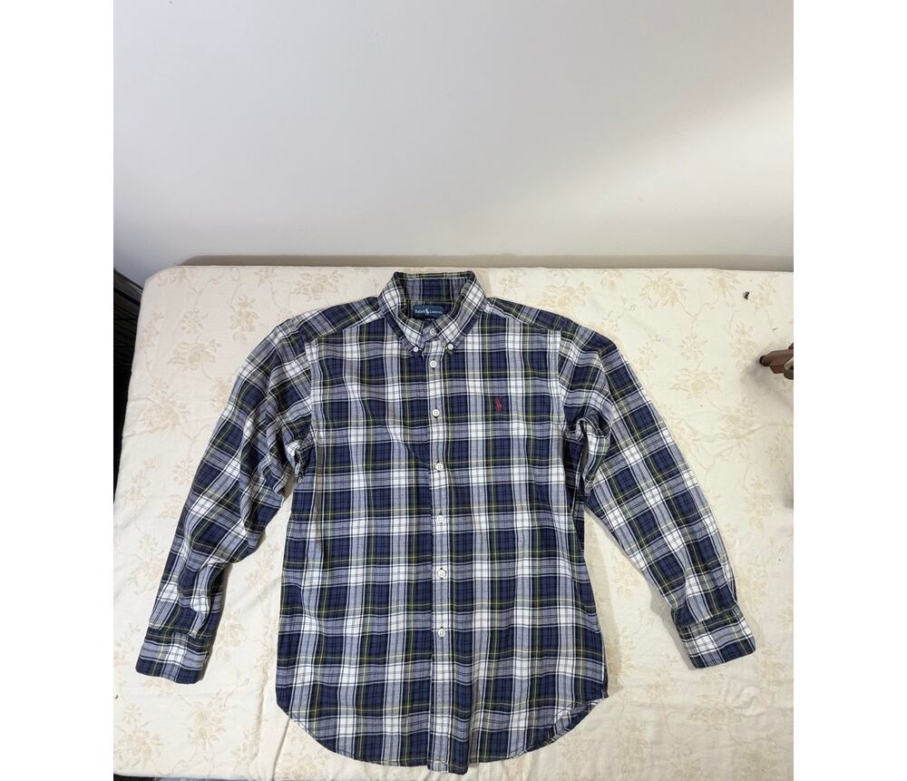 Ralph Lauren Boys L 14-16 Navy Green White Plaid Long Sleeve Button Down Shirt